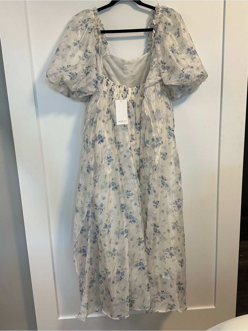 Worth Collective Melody Maxi Dress Cerulean Blue Floral White Flowy Puff Sleeves - Picture 4 of 5